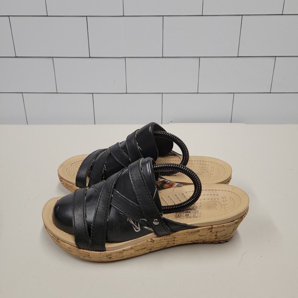 Crocs Women's Size 8 Black Strappy Wedge Sandals Cork Look Slip On Comfort